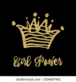 Golden Glittering Crown T-shirt Print Template. Girl Power Slogan for Apparel Design.