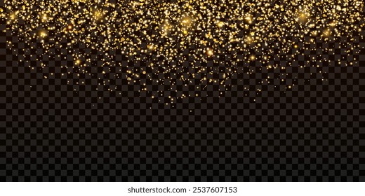 Polvo brillante dorado con efecto de luz, estrellas, partículas, grano. Confeti aislado. Elemento de Vector abstracto transparente, spray, arena para diseños festivos y lujosos, fondos de celebración.