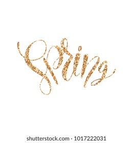 Golden glittering font of word Spring on white background. 