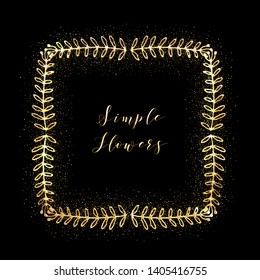 Golden Glittering Frame with Floral Hand Drawn Border. Wedding invitation and RSVP Laurel design. Cosmetics and Beauty Shop Organic Logo Template. Trendy Luxury Ornament for Greeting Card.