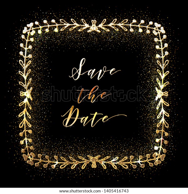 Golden Glittering Frame with Floral Hand Drawn
Border. Wedding invitation and RSVP Laurel design. Cosmetics and
Beauty Shop Organic Logo Template. Trendy Luxury Ornament for
Greeting Card.