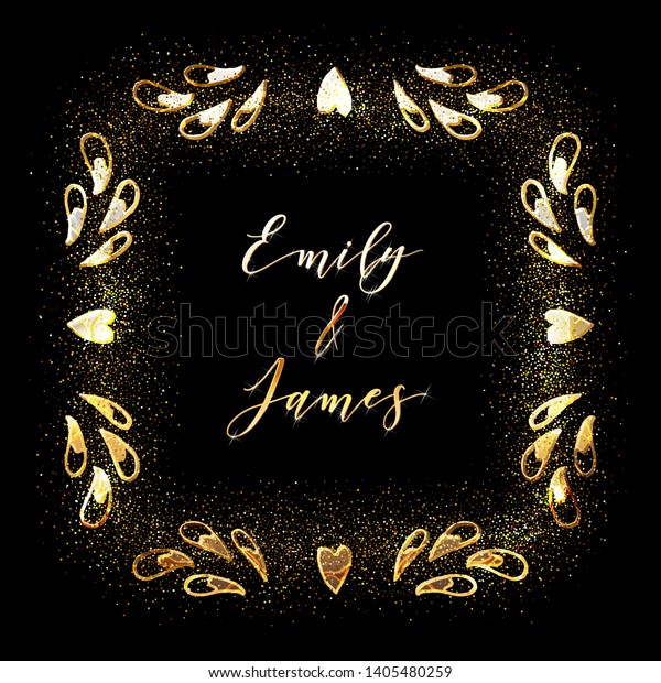 Golden Glittering Frame with
Floral Hand Drawn Border. Wedding invitation and RSVP Laurel
design. 