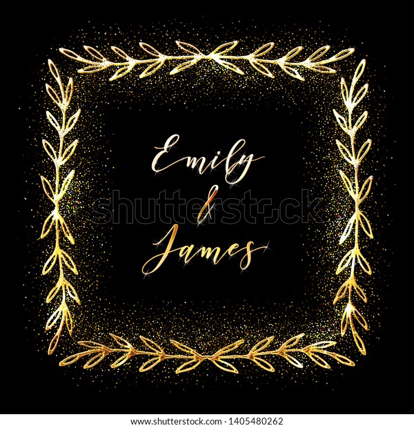 Golden Glittering Frame with\
Floral Hand Drawn Border. Wedding invitation and RSVP Laurel\
design. 
