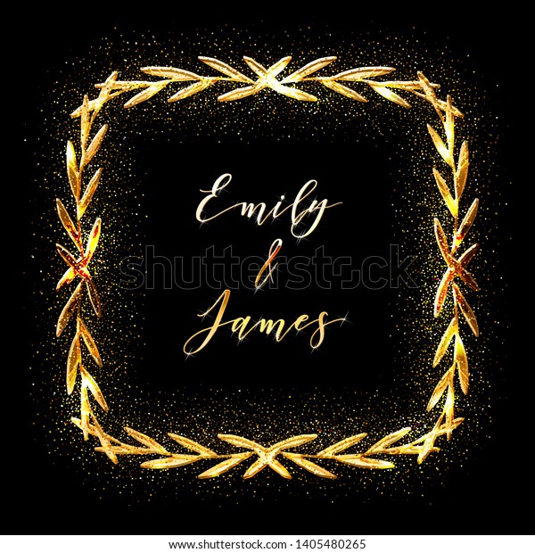Golden Glittering Frame with\
Floral Hand Drawn Border. Wedding invitation and RSVP Laurel\
design. 