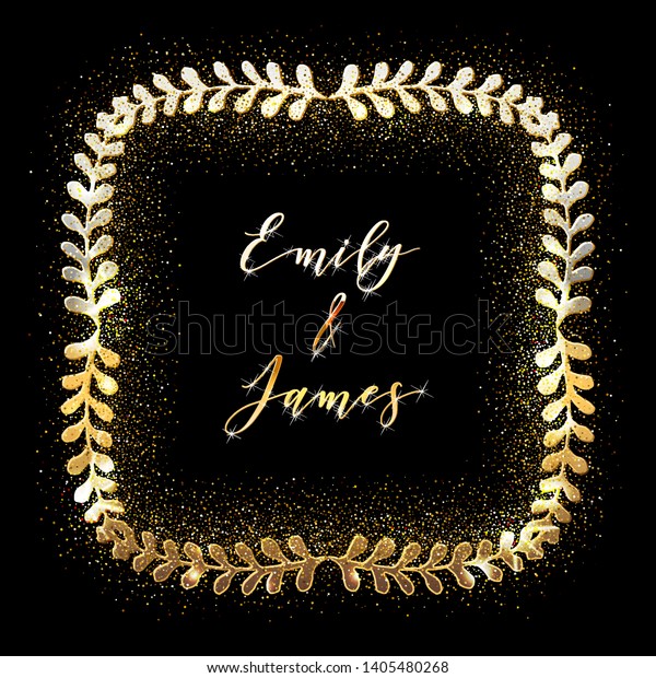 Golden Glittering Frame with\
Floral Hand Drawn Border. Wedding invitation and RSVP Laurel\
design.  