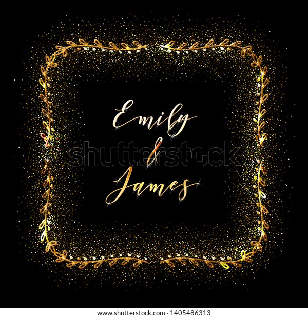 Golden Glittering Frame with Floral Hand Drawn
Border. Wedding invitation and RSVP Laurel design. Trendy Luxury
Ornament for Greeting
Card.