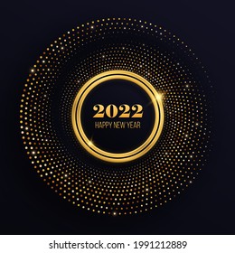 Golden glittering frame with luxurious glowing dots. Festive circle for graphic design on black background. Abstract textured background with shining golden halftone pattern.