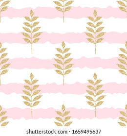 Golden glittering geometric floral seamless pattern with leaves on white striped pink background, luxury exotic texture isolated. Vector illustration.