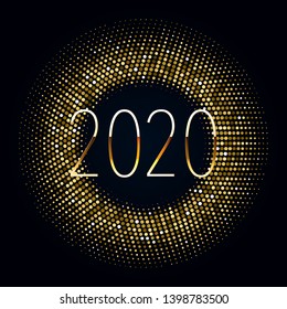 Golden Glittering Halftone Background for 2020 Happy New Year Celebration Banner. Abstract Golden Dots Vector Design Element.