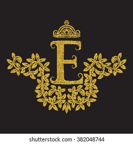 Golden glittering letter E monogram in vintage style. Heraldic coat of arms with halftone effect. Baroque logo template.