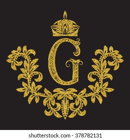 Golden glittering letter G monogram in vintage style. Heraldic coat of arms with halftone effect. Baroque logo template.