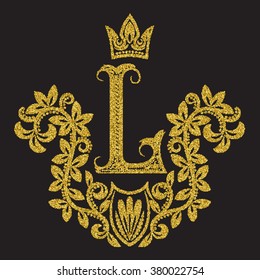Golden glittering letter L monogram in vintage style. Heraldic coat of arms with halftone effect. Baroque logo template.