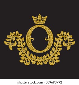 Golden glittering letter O monogram in vintage style. Heraldic coat of arms with halftone effect. Baroque logo template.