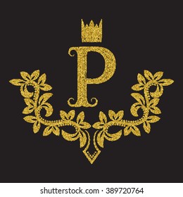 Golden glittering letter P monogram in vintage style. Heraldic coat of arms with halftone effect. Baroque logo template.