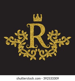 Golden glittering letter R monogram in vintage style. Heraldic coat of arms with halftone effect. Baroque logo template.
