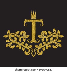 Golden glittering letter T monogram in vintage style. Heraldic coat of arms with halftone effect. Baroque logo template.