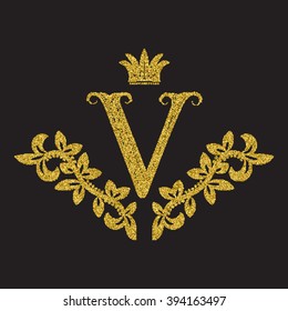 Golden glittering letter V monogram in vintage style. Heraldic coat of arms with halftone effect. Baroque logo template.