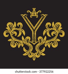 Golden glittering letter Y monogram in vintage style. Heraldic coat of arms with halftone effect. Baroque logo template.