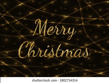 Golden glittering lettering Merry Christmas on glowing dark background.