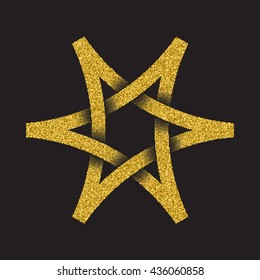 Golden glittering logo in Celtic style on black background. Tribal symbol in six pointed star form. Gold stamp for jewelry design.