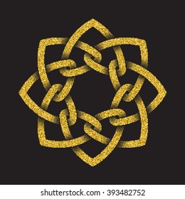 Golden glittering logo symbol in Celtic style on black background. Tribal symbol in octagonal mandala form. Gold stamp for jewelry design.