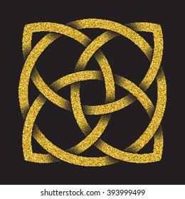 Golden glittering logo symbol in Celtic style on black background. Tribal symbol in square mandala form. Gold stamp for jewelry design.