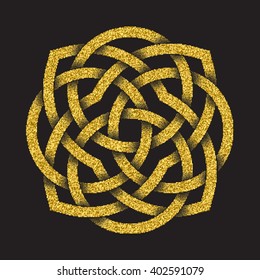 Golden glittering logo symbol in Celtic style on black background. Tribal symbol in circular mandala form. Gold stamp for jewelry design.