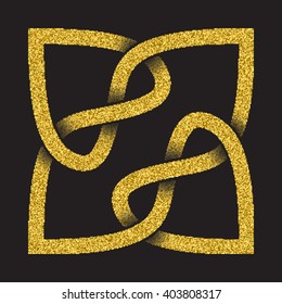 Golden glittering logo symbol in Celtic style on black background. Tribal symbol in four pointed star form. Gold stamp for jewelry design.
