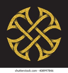 Golden glittering logo symbol in Celtic style on black background. Tribal symbol in cross form. Gold stamp for jewelry design.