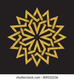 Golden glittering logo symbol in Celtic style on black background. Tribal symbol in sixteen pointed mandala form. Gold stamp for jewelry design.