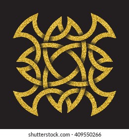 Golden glittering logo symbol in Celtic style on black background. Tribal symbol in four pointed mandala form. Gold stamp for jewelry design.