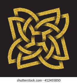Golden glittering logo symbol in Celtic style on black background. Tribal symbol in four petals flower form. Gold stamp for jewelry design.