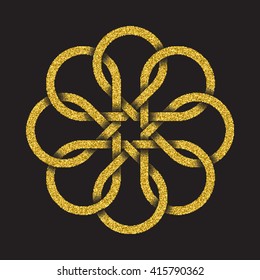 Golden glittering logo symbol in Celtic style on black background. Tribal symbol in eight petals flower form. Gold stamp for jewelry design.
