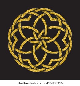 Golden glittering logo symbol in Celtic style on black background. Tribal symbol in circular mandala form. Gold stamp for jewelry design.