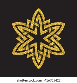 Golden glittering logo symbol in Celtic style on black background. Tribal symbol in hexagonal star form. Gold stamp for jewelry design.
