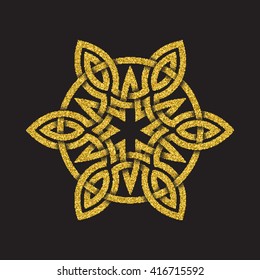 Golden glittering logo symbol in Celtic style on black background. Tribal symbol in hexagonal mandala form. Gold stamp for jewelry design.