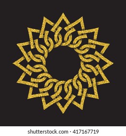 Golden glittering logo symbol in Celtic style on black background. Tribal symbol in circular mandala form. Gold stamp for jewelry design.