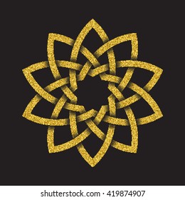 Golden glittering logo symbol in Celtic style on black background. Tribal symbol in ten petals flower form. Gold stamp for jewelry design.
