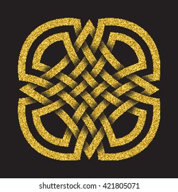Golden glittering logo symbol in Celtic style on black background. Tribal symbol in cruciform mandala form. Gold stamp for jewelry design.