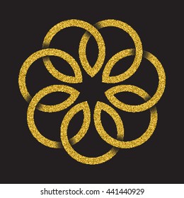 Golden glittering logo symbol in Celtic style on black background. Tribal symbol in seven petals flower form. Gold stamp for jewelry design.