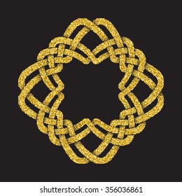 Golden glittering logo template in Celtic knots style on black background. Tribal gold sign in mandala form.