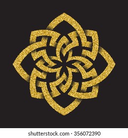 Golden glittering logo template in Celtic knots style on black background. Octagonal symbol. Gold ornament for jewelry design.