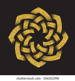 Golden glittering logo template in Celtic knots style on black background. Octagon symbol. Gold ornament for jewelry design.