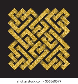 Golden glittering logo template in Celtic knots style on black background. Symbol in square maze form. Gold ornament for jewelry design.