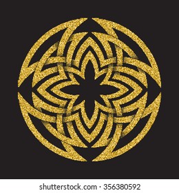 Golden glittering logo template in Celtic knots style on black background. Symbol in round maze form. Gold ornament for jewelry design.