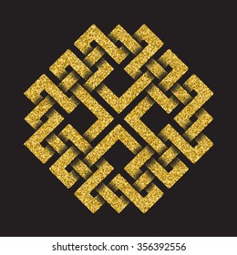 Golden glittering logo template in Celtic knots style on black background. Symbol in square maze form. Gold ornament for jewelry design.