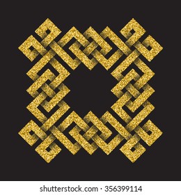 Golden glittering logo template in Celtic knots style on black background. Symbol in square maze form. Gold ornament for jewelry design.