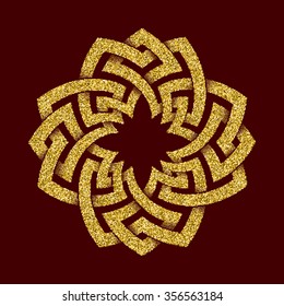 Golden glittering logo template in Celtic knots style on dark red background. Cruciform symbol. Gold ornament for jewelry design.