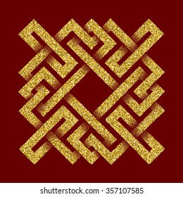 Golden glittering logo template in Celtic knots style on dark red background. Symbol in square maze form. Gold ornament for jewelry design.