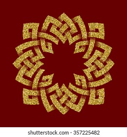 Golden glittering logo template in Celtic knots style on dark red background. Symbol in octagon maze form. Gold ornament for jewelry design.